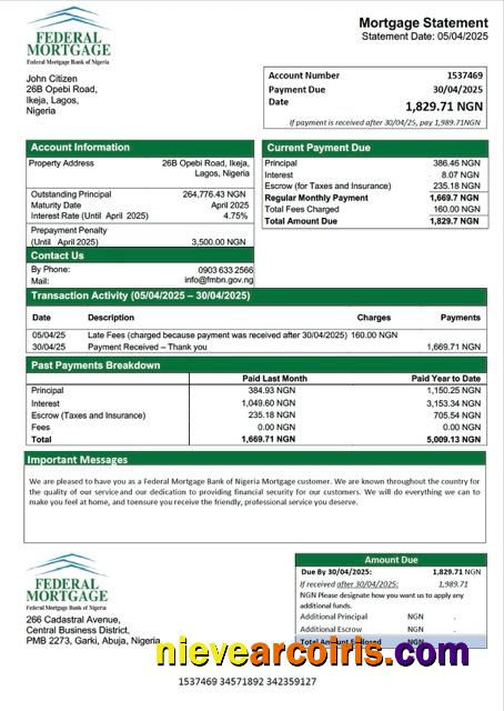 Nigeria Federal Mortgage Bank of Nigeria mortgage statement Word and PDF template
